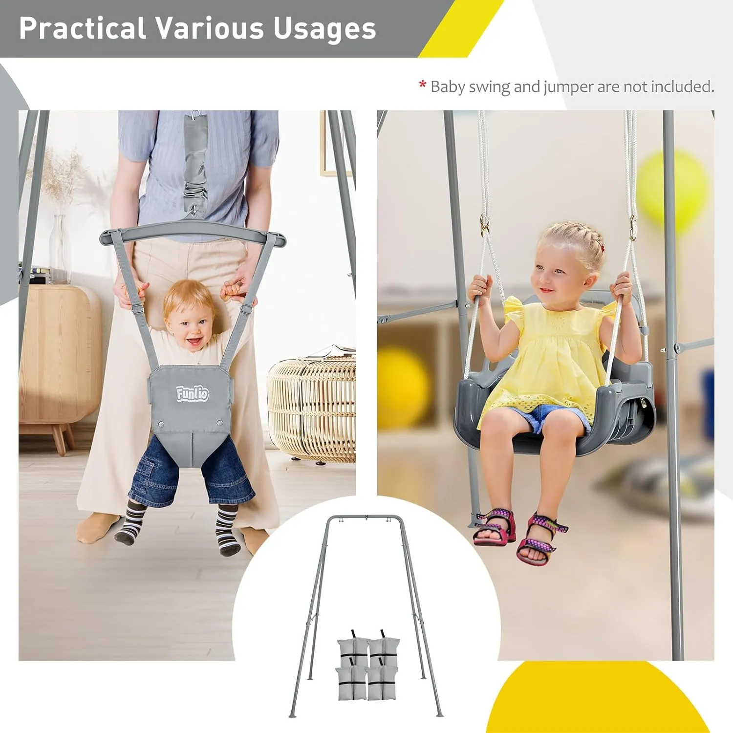 FUNLIO Foldable Swing Stand for Kids with 4 Sandbags, Heavy Duty Metal A-Frame Indoor/Outdoor for Backyard, Suitable Most Toddler/Baby Jumper/Hammock Chair - Grey