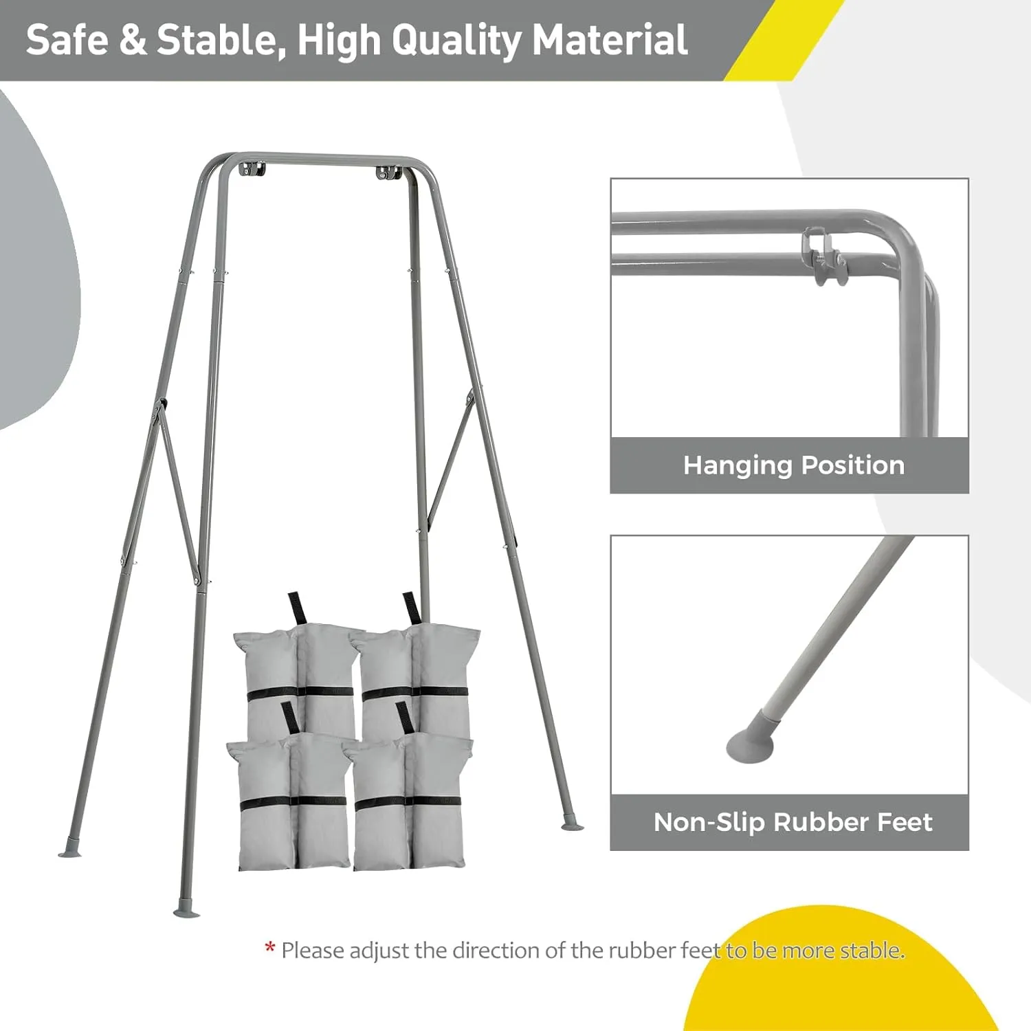 FUNLIO Foldable Swing Stand for Kids with 4 Sandbags, Heavy Duty Metal A-Frame Indoor/Outdoor for Backyard, Suitable Most Toddler/Baby Jumper/Hammock Chair - Grey