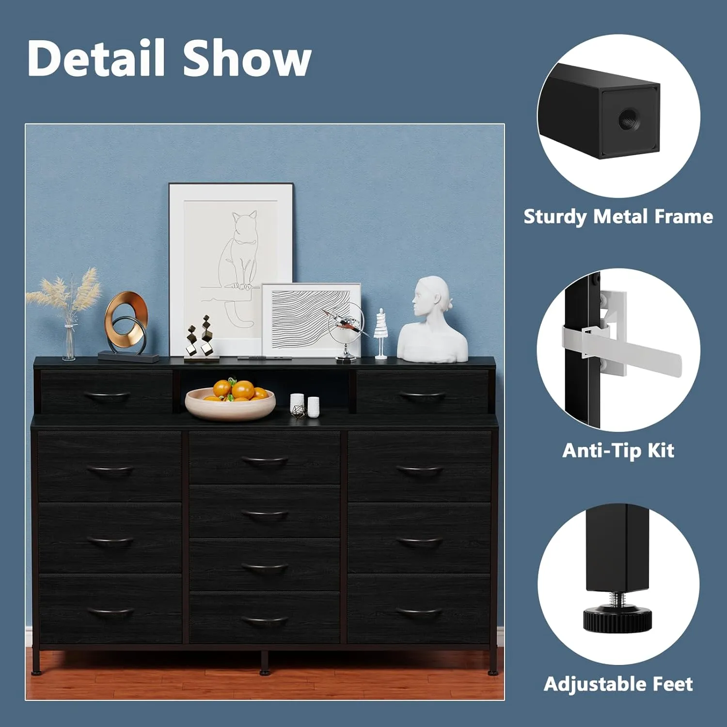 Furnulem 55" W Dresser for Bedroom with LED Lights and Power Outlets,Black Large 12 Storage Drawers Long Fabric Chests Dressers with 2 Shelves for Closet,Living Room,Entryway,Wooden Top,Metal Frame