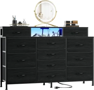 Furnulem 55" W Dresser for Bedroom with LED Lights and Power Outlets,Black Large 12 Storage Drawers Long Fabric Chests Dressers with 2 Shelves for Closet,Living Room,Entryway,Wooden Top,Metal Frame