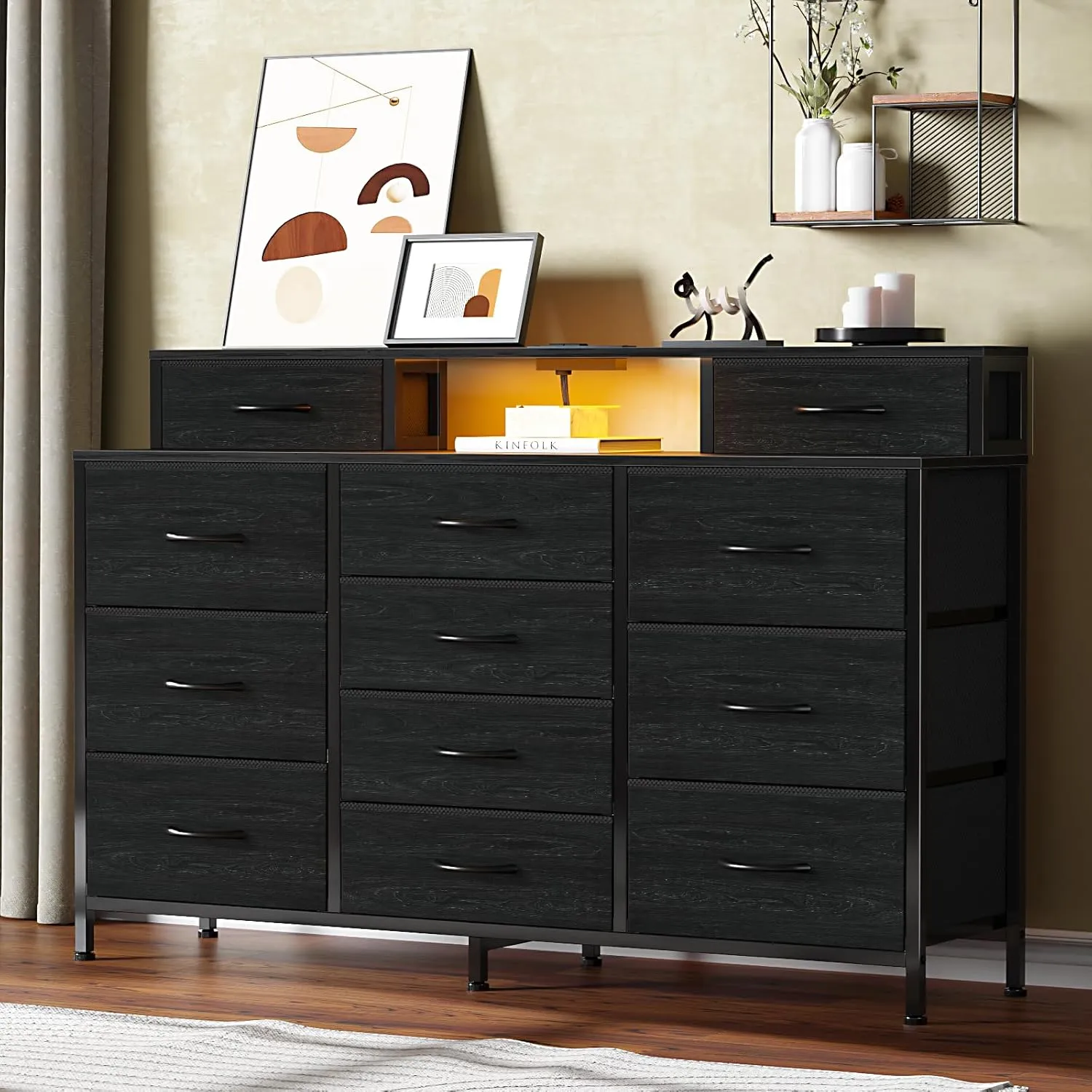 Furnulem 55" W Dresser for Bedroom with LED Lights and Power Outlets,Black Large 12 Storage Drawers Long Fabric Chests Dressers with 2 Shelves for Closet,Living Room,Entryway,Wooden Top,Metal Frame