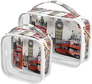 GAIGEO London Red Bus With Big Ben Clear Cosmetic Bag Set, Lightweight Travel Toiletry Bag, Cosmetic Travel Accessories, 2 Pack