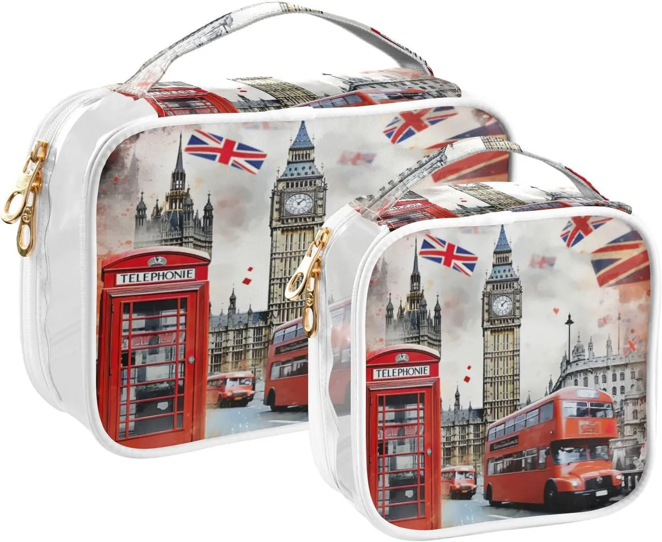 GAIGEO London Red Bus With Big Ben Clear Cosmetic Bag Set, Lightweight Travel Toiletry Bag, Cosmetic Travel Accessories, 2 Pack