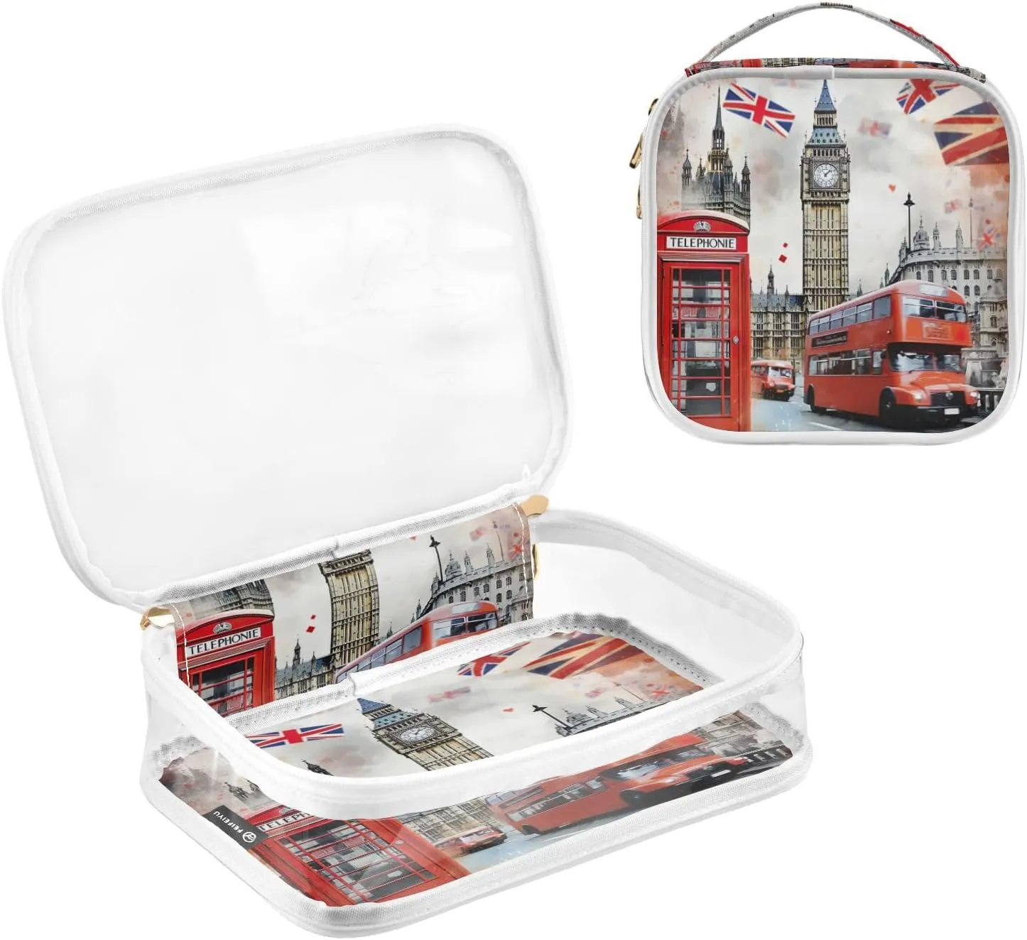 GAIGEO London Red Bus With Big Ben Clear Cosmetic Bag Set, Lightweight Travel Toiletry Bag, Cosmetic Travel Accessories, 2 Pack
