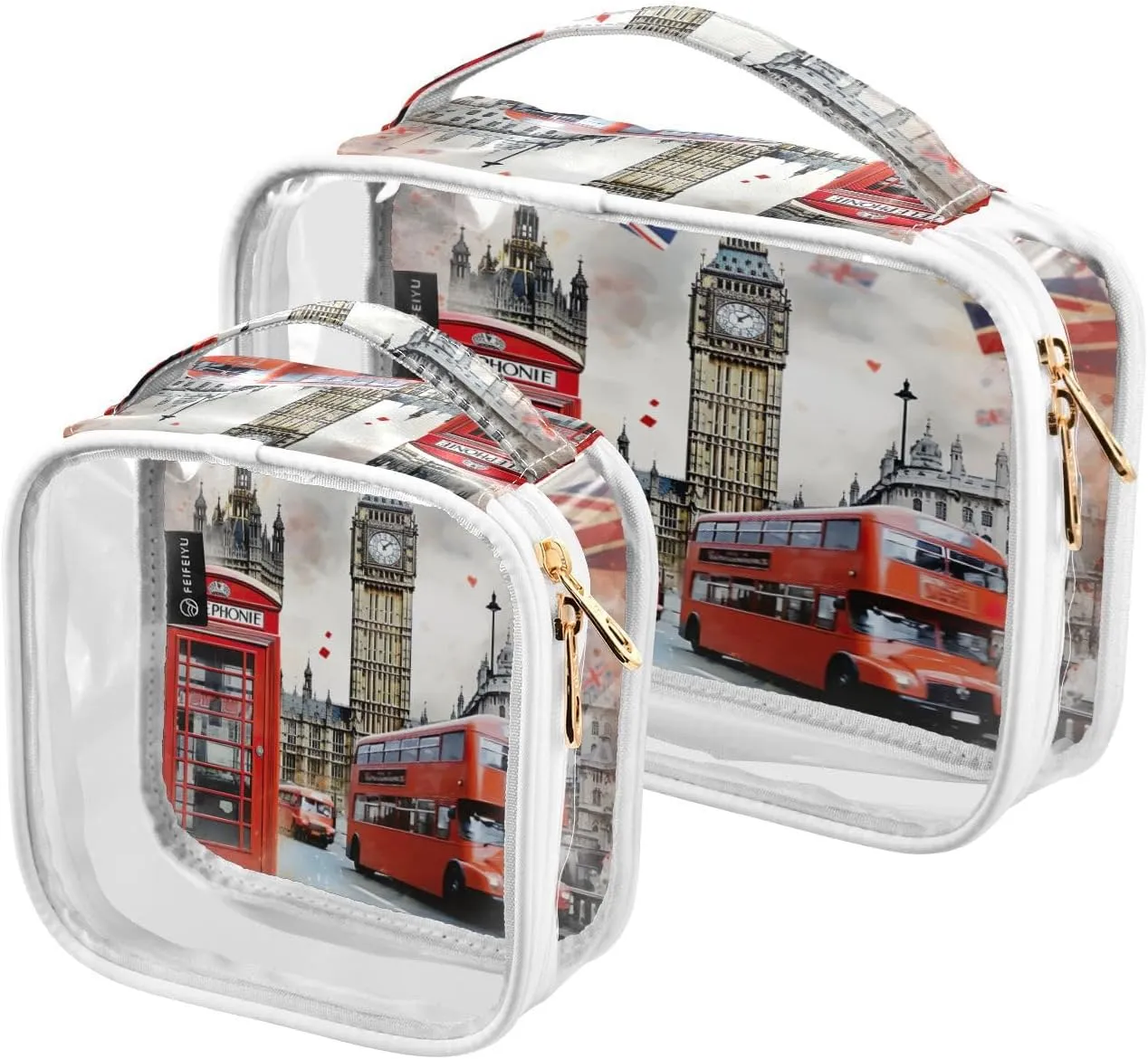 GAIGEO London Red Bus With Big Ben Clear Cosmetic Bag Set, Lightweight Travel Toiletry Bag, Cosmetic Travel Accessories, 2 Pack