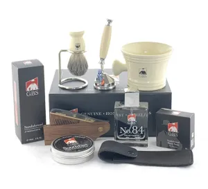 G.B.S Men’s Shaving Kit- 5 Blade Razor w/Stand, Cologne, Shaving Mug Knob Handle, Badger Brush w/Stand, Sandalwood Aftershave, Hair Wax w/Folding Comb Case Natural Shaving Soap Grooming Kit