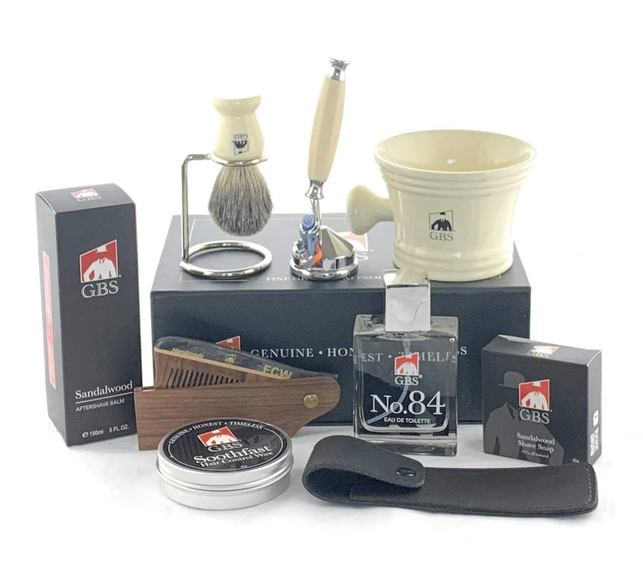G.B.S Men’s Shaving Kit- 5 Blade Razor w/Stand, Cologne, Shaving Mug Knob Handle, Badger Brush w/Stand, Sandalwood Aftershave, Hair Wax w/Folding Comb Case Natural Shaving Soap Grooming Kit