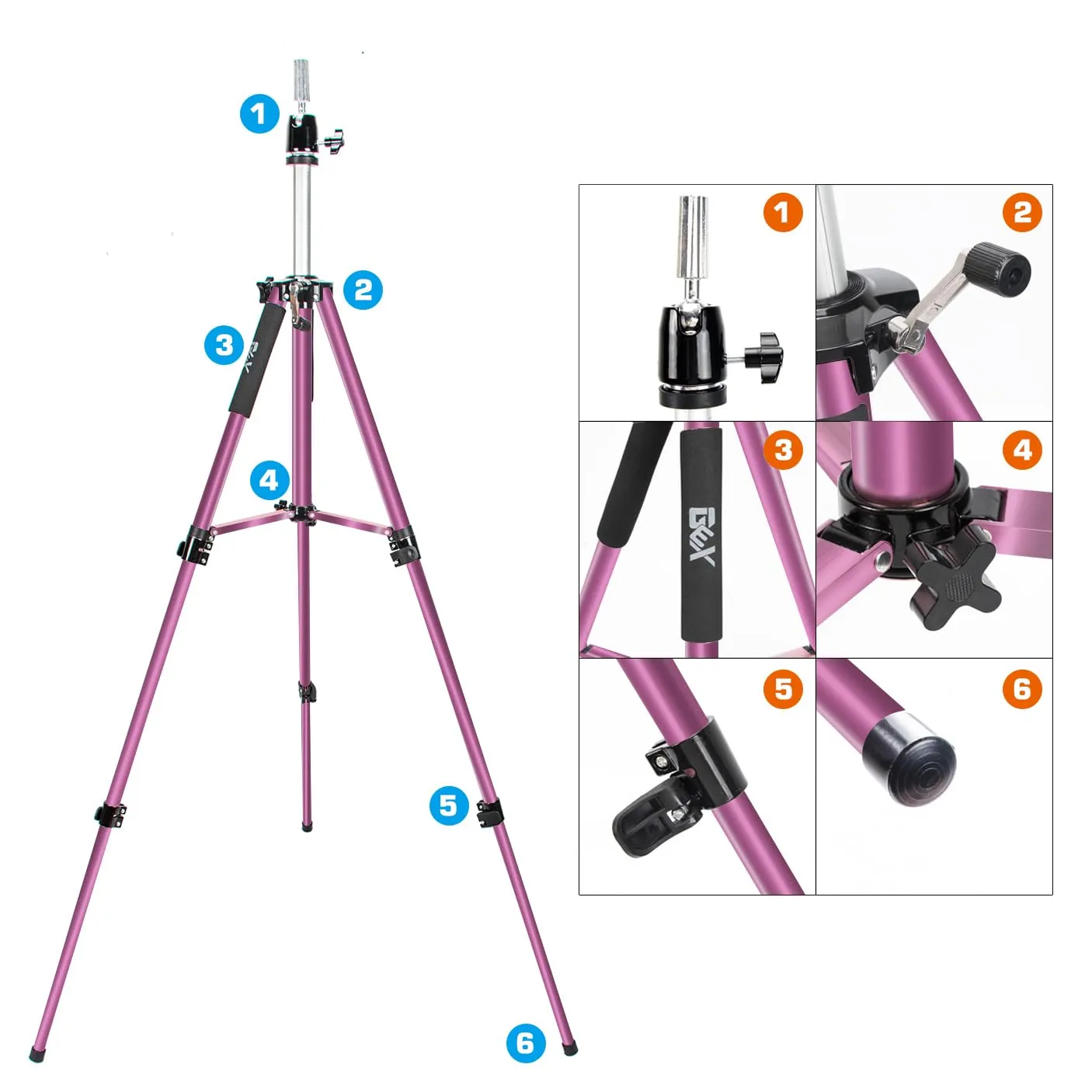 GEXWORLDWIDE GEX 63" Heavy Duty Mannequin Tripod Stand for Wig Cosmetology Training Practice Doll Manikin Head Tripod Wig Stand With Travel Bag (Rosy)