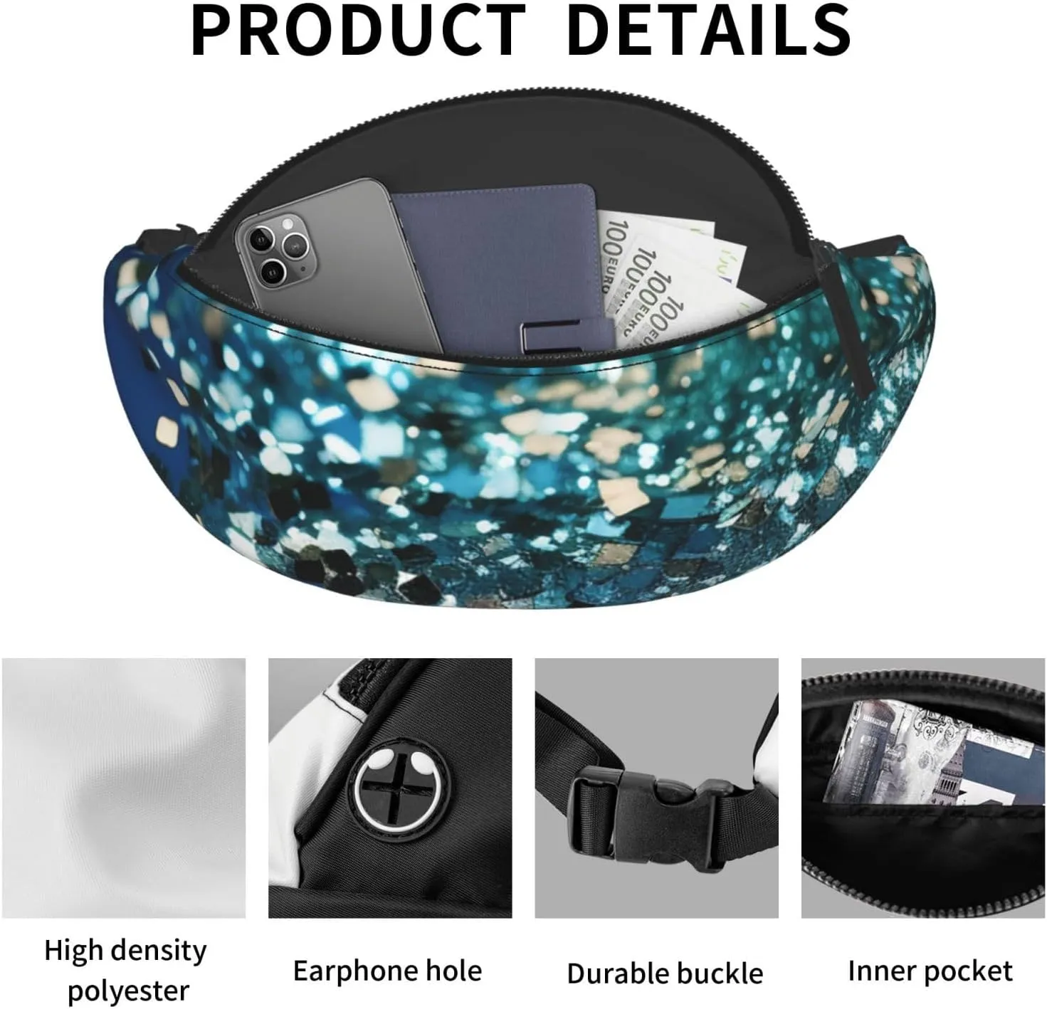 Glittered blue background Fanny Pack for Man Women Waist Bag Adjustable Belt Casual Chest Bag Bum Bags for Travel Sports Running Hiking Waist Packs