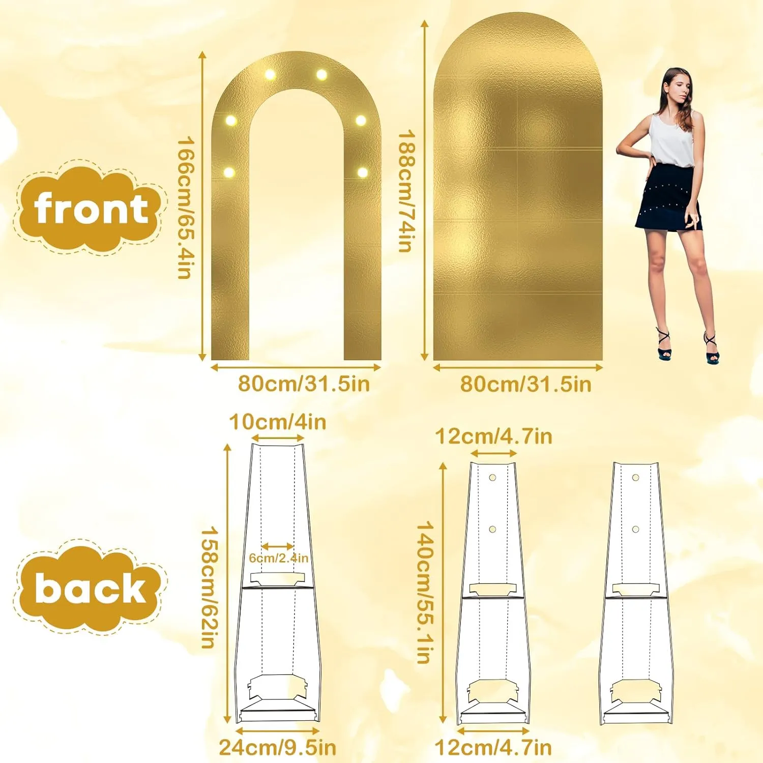 Gold Arch Backdrop Stand with Lights, Foam Board Balloon Arch Background Stand Frame for Kids Men Boys Birthday Wedding Baby Shower Engagement Graduation Backdrop Party Decorations(Indoor)