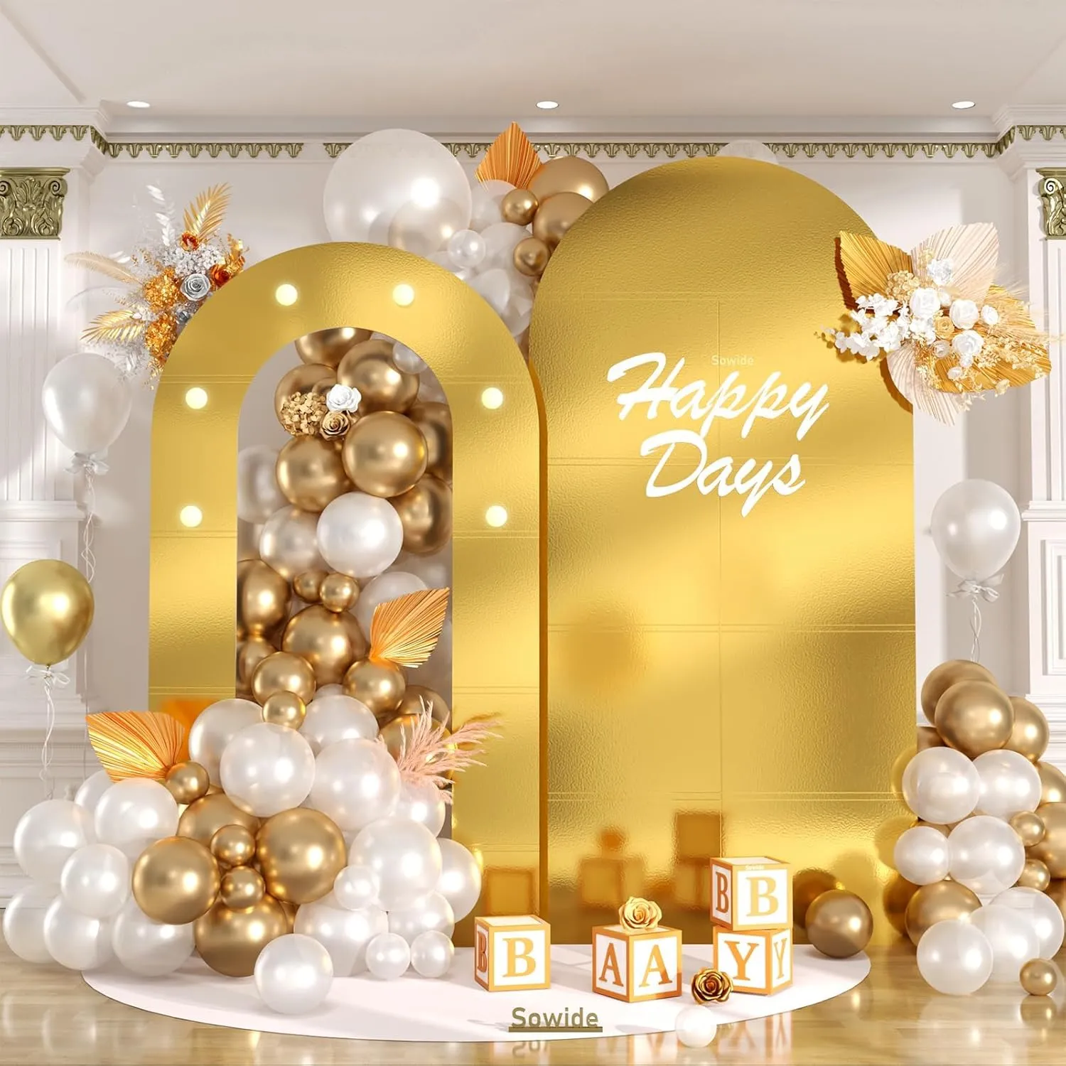 Gold Arch Backdrop Stand with Lights, Foam Board Balloon Arch Background Stand Frame for Kids Men Boys Birthday Wedding Baby Shower Engagement Graduation Backdrop Party Decorations(Indoor)