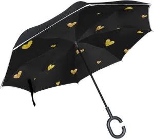 Gold Glittering Heart Confetti Reverse Inverted Inside Out Umbrella Cars Unigue Windproof UV Proof Double Layer for Women