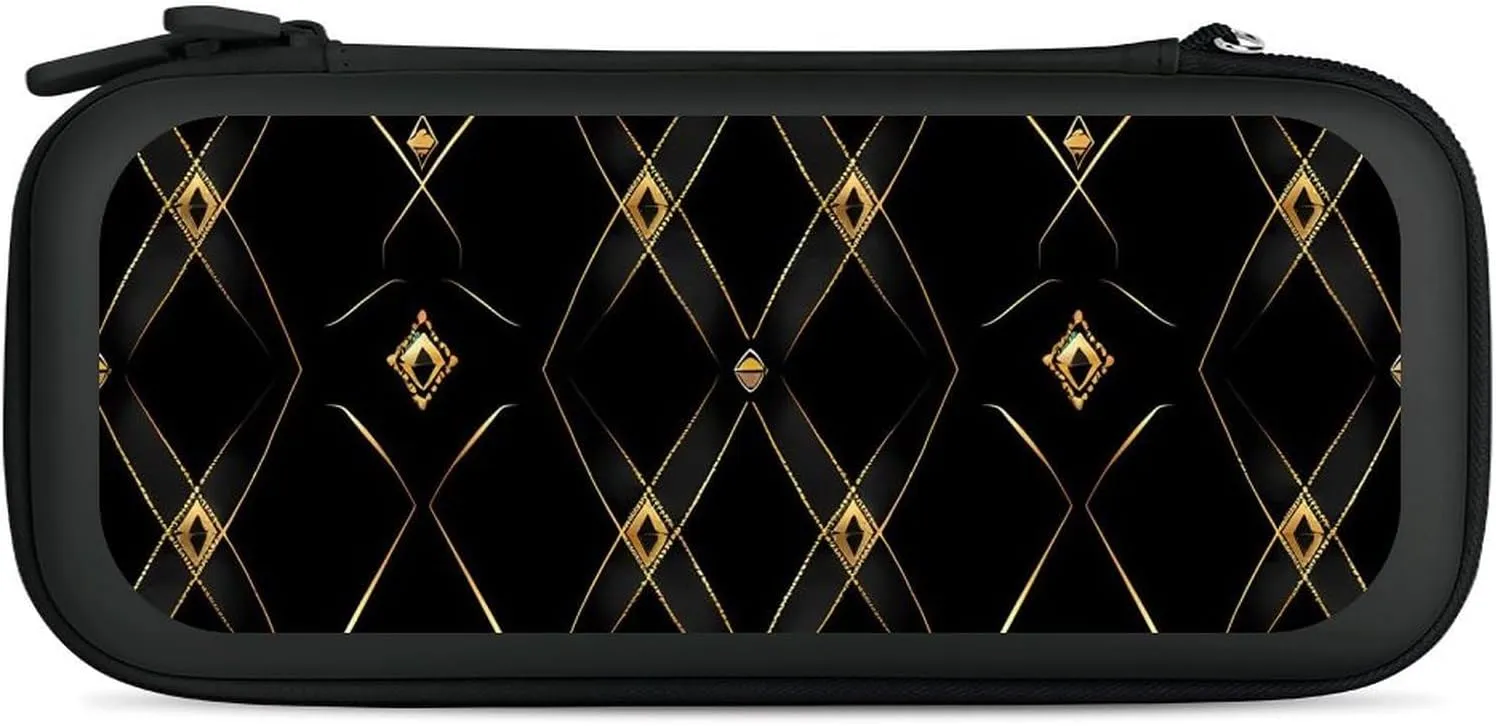 Golden Abstract Black Geometry Hard Shell Travel Case with Rope 15 Game Card Pockets Compatible with Switch Protective