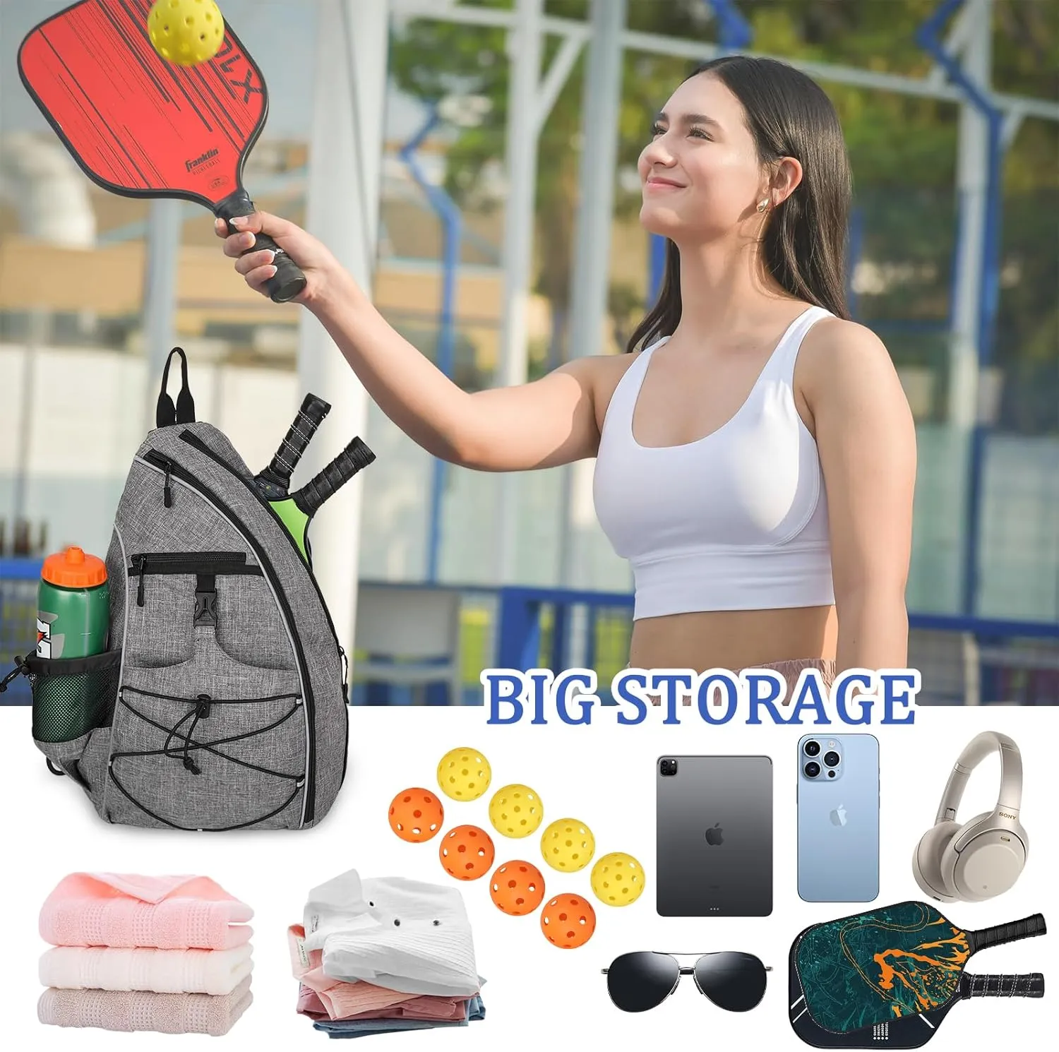 Goloni Pickleball Bag for Women,Mens Pickle ball Backpack,Lightweight Sling Bag with Fence Hook,Large Capacity,Safety Pocket