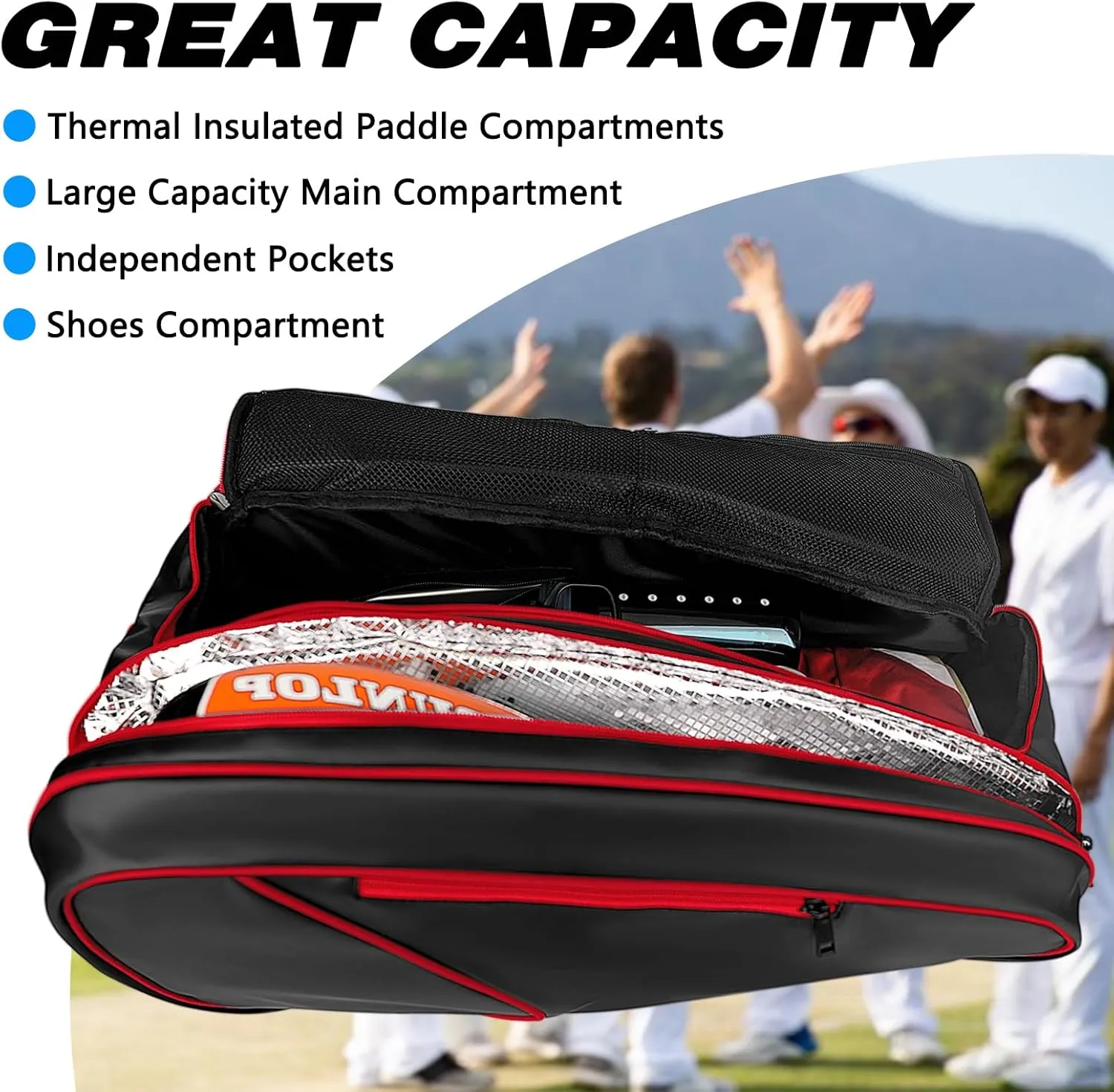 Goloni Pickleball Bag Padel Racket Backpack Large Capacity for Men Women Separate Waterproof Shoes Compartment Pickleball Accessories - Include Fence Hook & Thermal Insulated Pockets