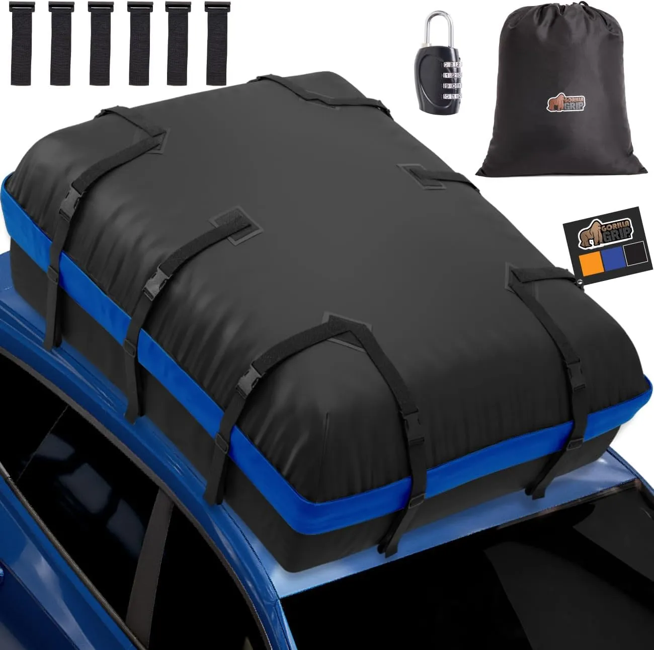 GORILLA GRIP Waterproof Car Roof Bag with Stay in Place Grip Dots and Buckles, UV Protected Soft Shell Rooftop Cargo Carrier, Tear Resistant Luggage Box Top Rack SUV Vehicle Storage 20 Cubic FT Blue