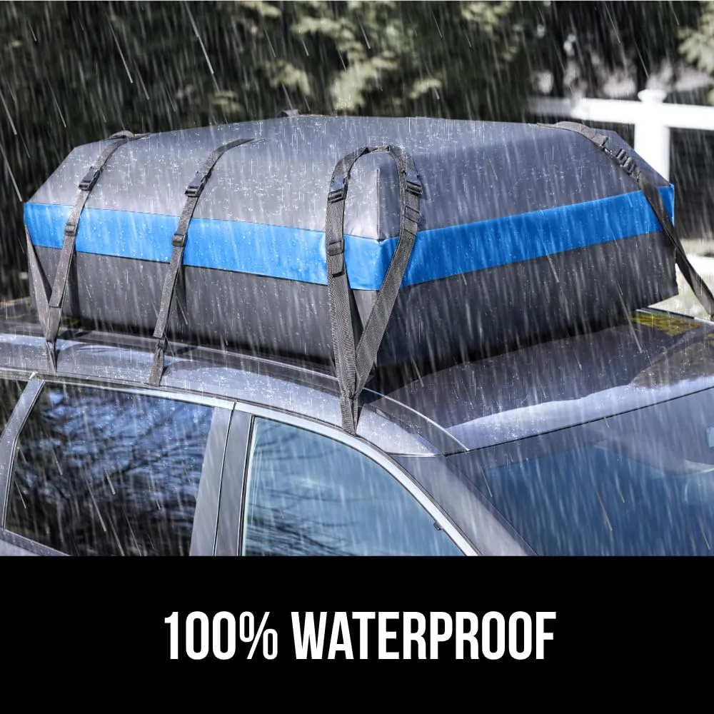 GORILLA GRIP Waterproof Car Roof Bag with Stay in Place Grip Dots and Buckles, UV Protected Soft Shell Rooftop Cargo Carrier, Tear Resistant Luggage Box Top Rack SUV Vehicle Storage 20 Cubic FT Blue