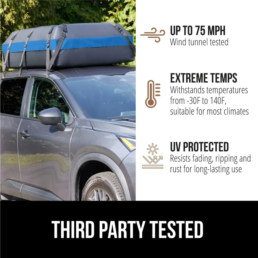 GORILLA GRIP Waterproof Car Roof Bag with Stay in Place Grip Dots and Buckles, UV Protected Soft Shell Rooftop Cargo Carrier, Tear Resistant Luggage Box Top Rack SUV Vehicle Storage 20 Cubic FT Blue
