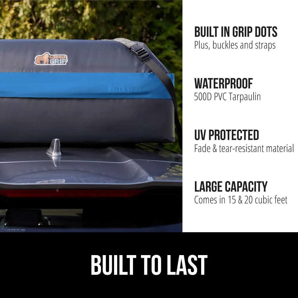 GORILLA GRIP Waterproof Car Roof Bag with Stay in Place Grip Dots and Buckles, UV Protected Soft Shell Rooftop Cargo Carrier, Tear Resistant Luggage Box Top Rack SUV Vehicle Storage 20 Cubic FT Blue