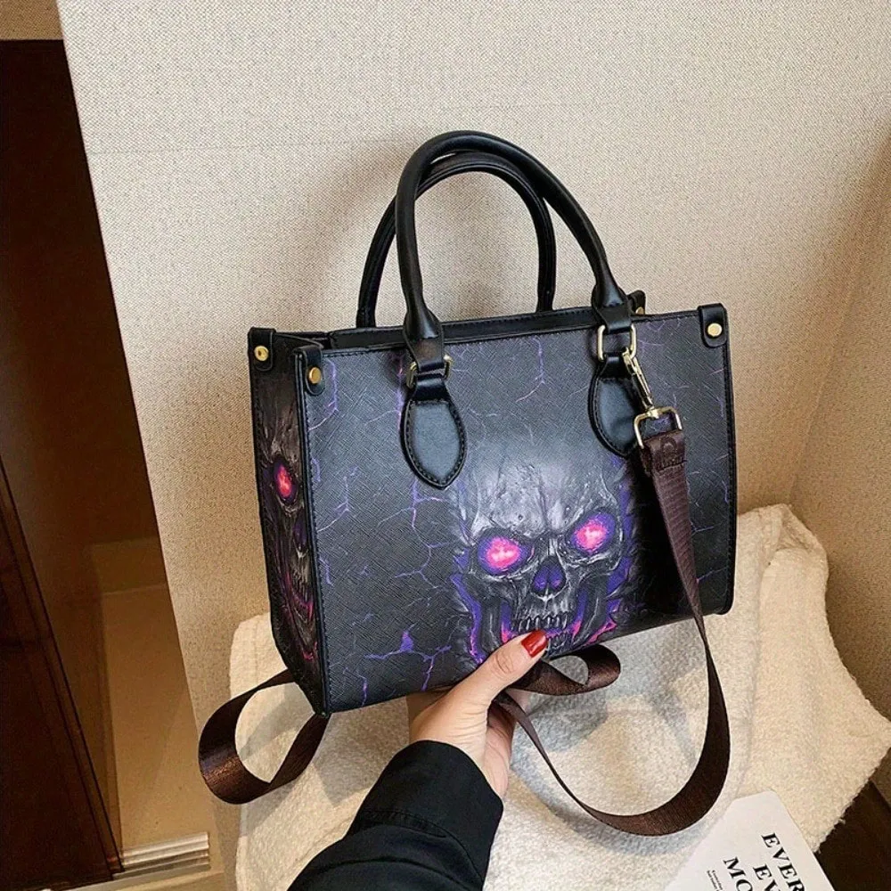 Gothic Skull Print Halloween Tote Bag - Stylish & Spacious Shoulder Bag with Zipper Closure