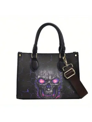 Gothic Skull Print Halloween Tote Bag - Stylish & Spacious Shoulder Bag with Zipper Closure