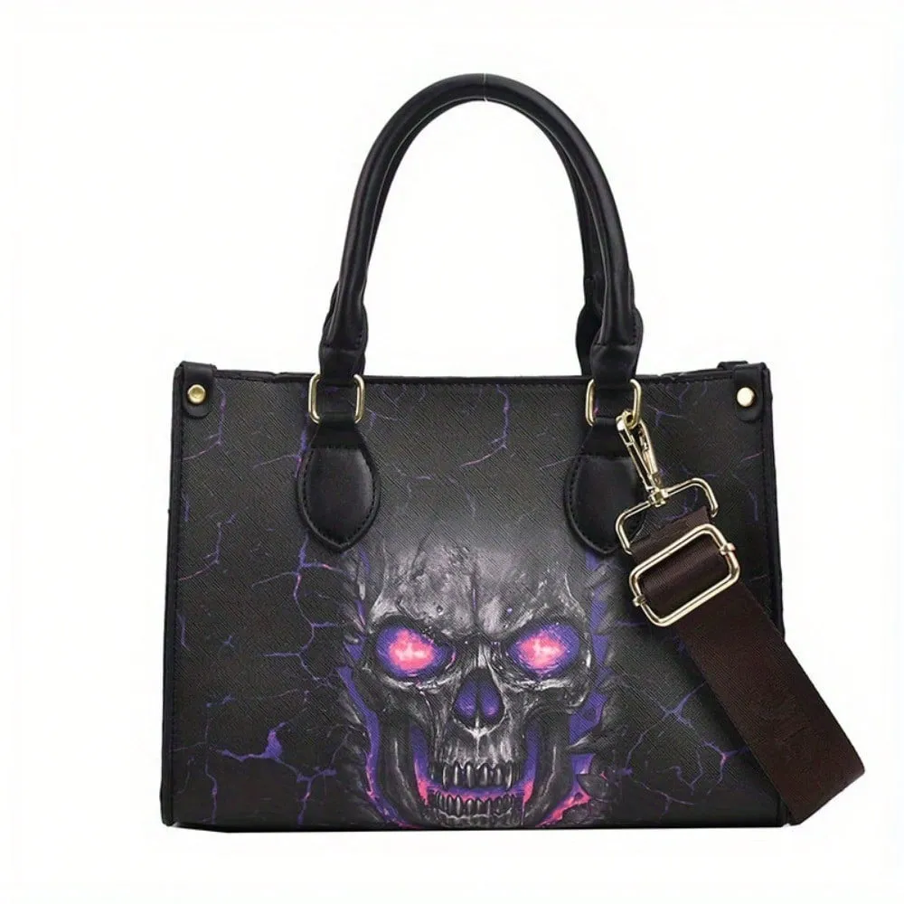 Gothic Skull Print Halloween Tote Bag - Stylish & Spacious Shoulder Bag with Zipper Closure