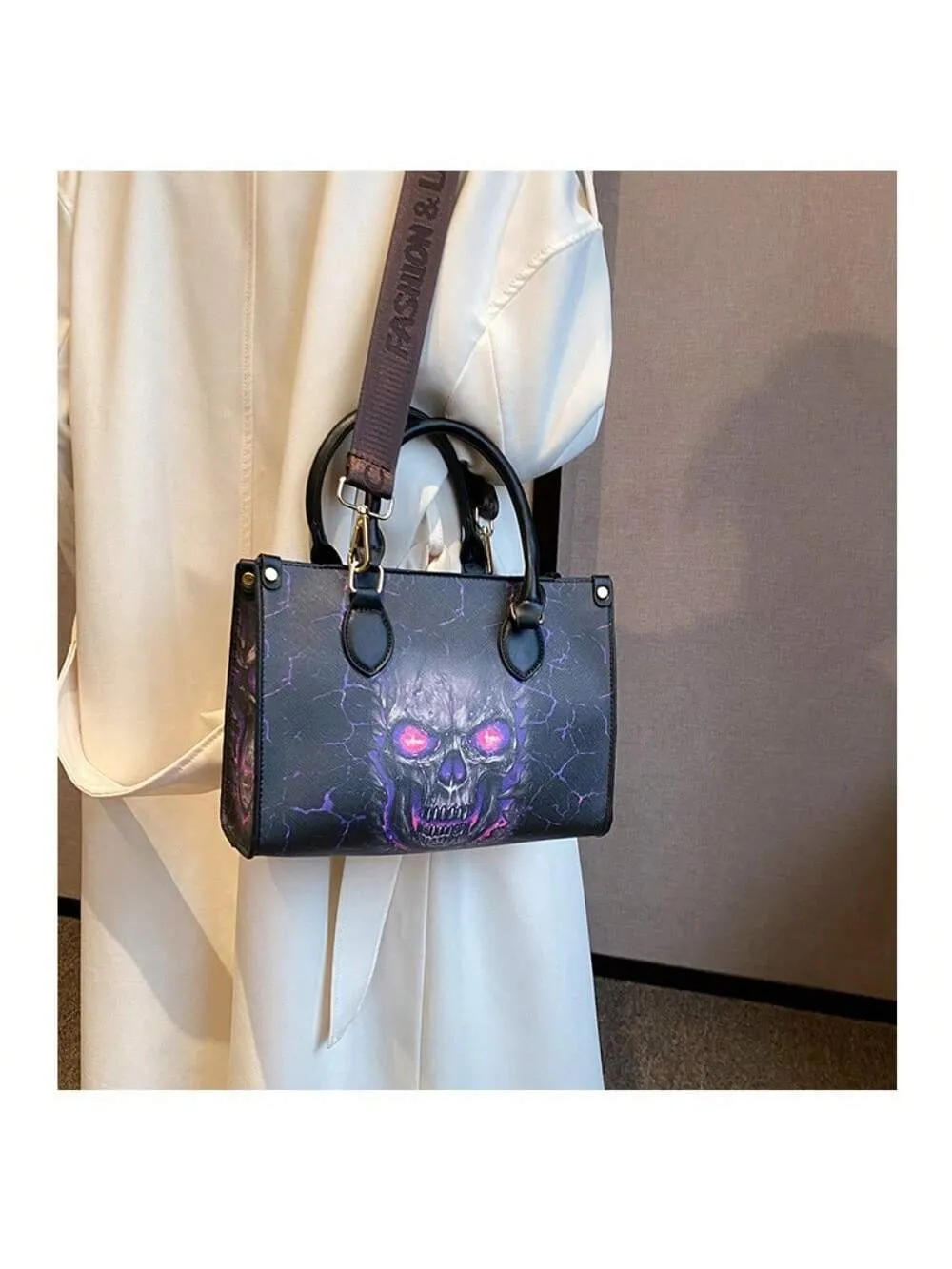 Gothic Skull Print Halloween Tote Bag - Stylish & Spacious Shoulder Bag with Zipper Closure