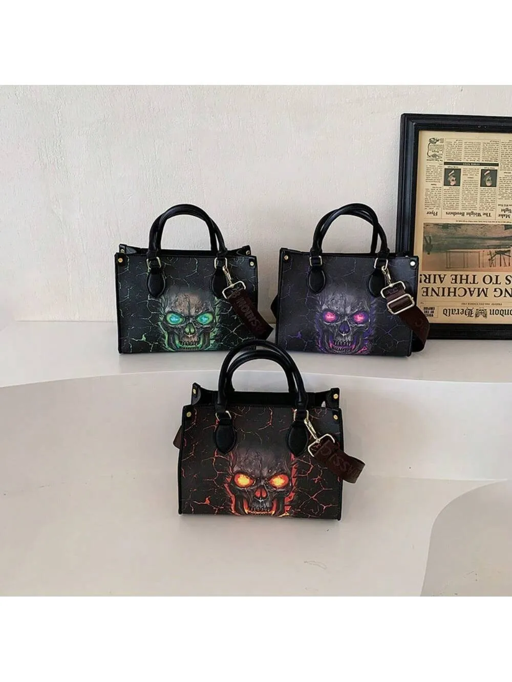 Gothic Skull Print Halloween Tote Bag - Stylish & Spacious Shoulder Bag with Zipper Closure