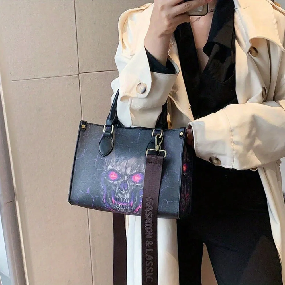Gothic Skull Print Halloween Tote Bag - Stylish & Spacious Shoulder Bag with Zipper Closure