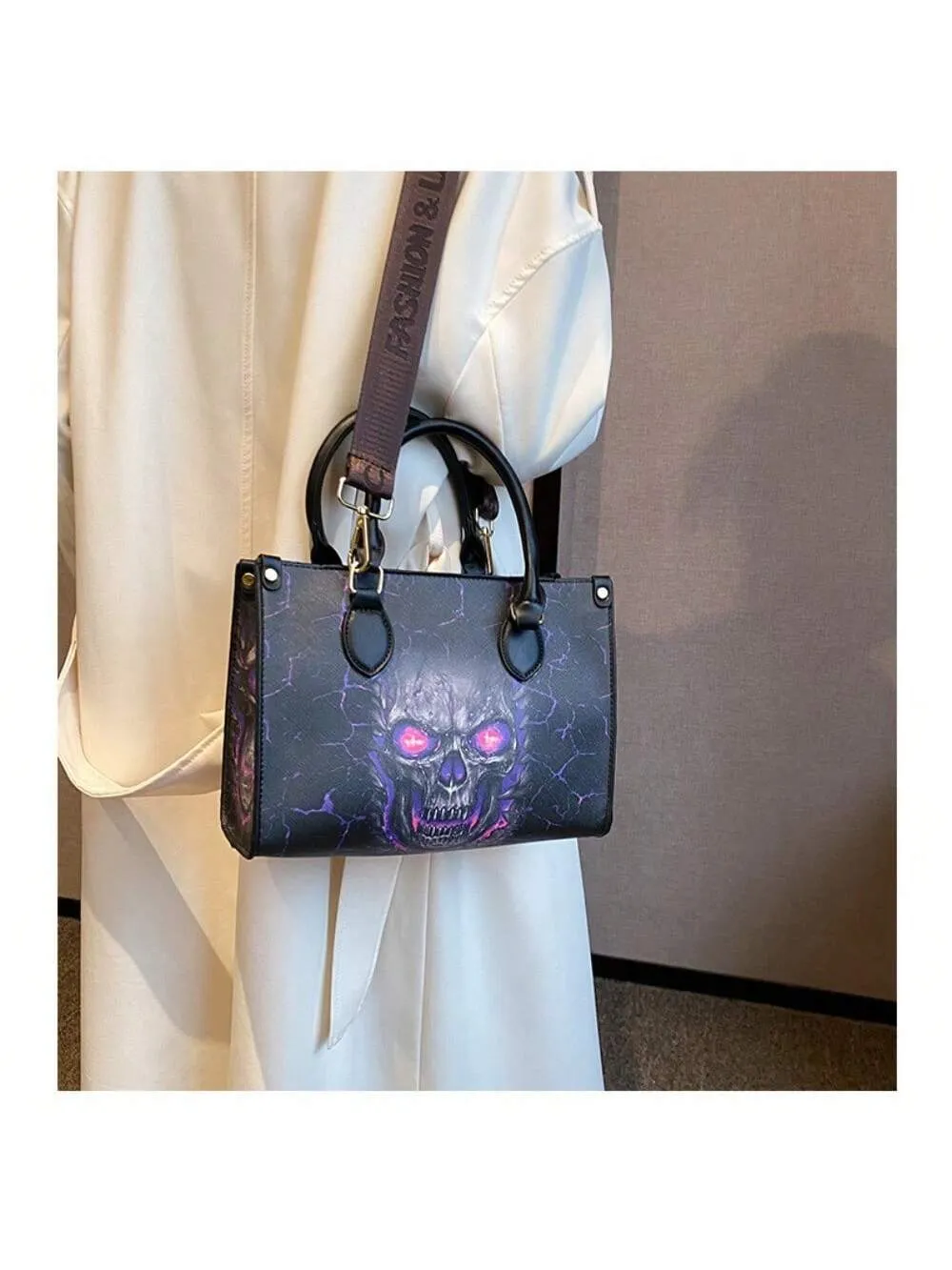 Gothic Skull Print Halloween Tote Bag - Stylish & Spacious Shoulder Bag with Zipper Closure