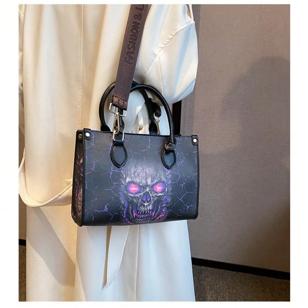 Gothic Skull Print Halloween Tote Bag - Stylish & Spacious Shoulder Bag with Zipper Closure