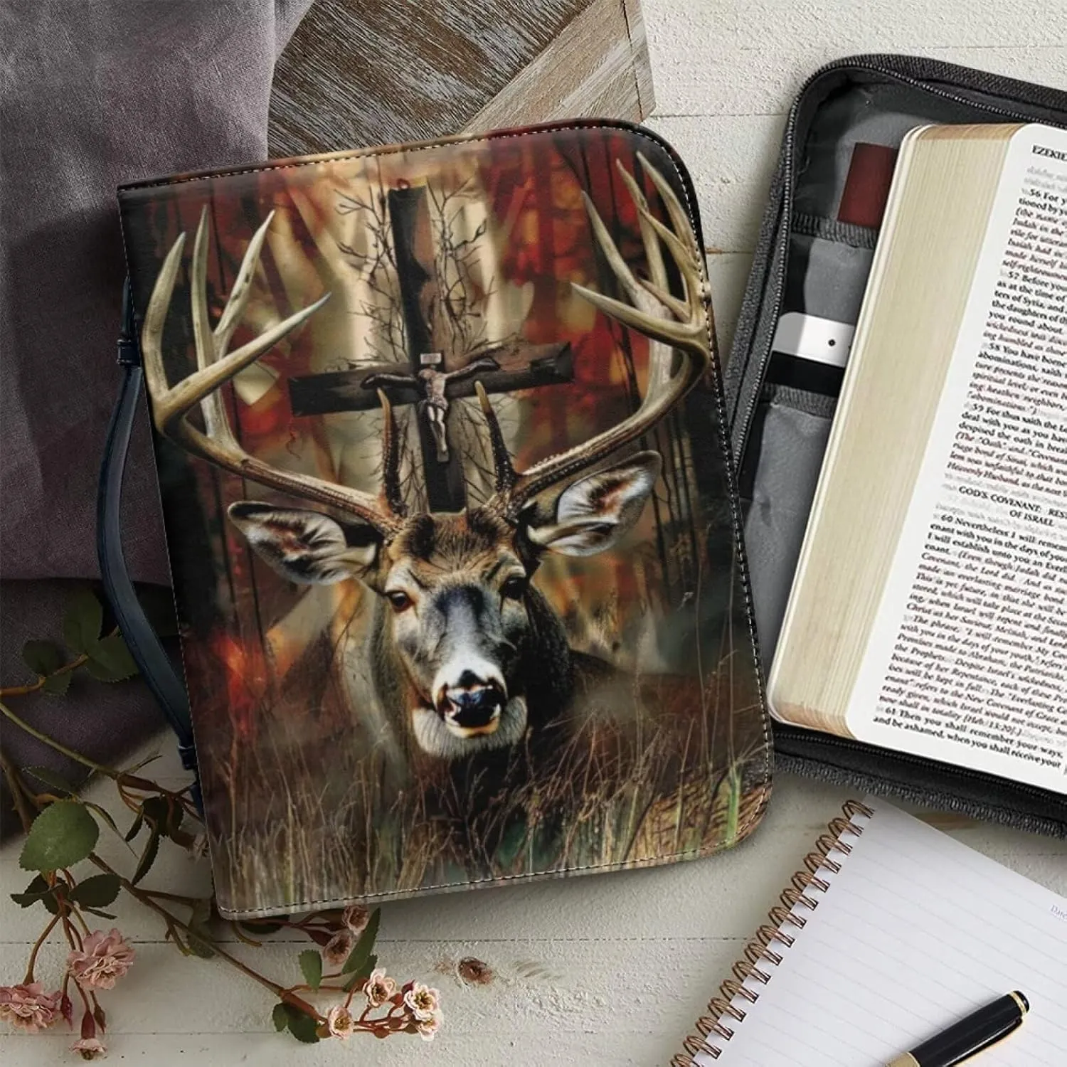 Gothic Style Deer and Cross Bible Case for Men Portable Handbag Bookmark with Handle and Smooth Zipper for Bible Study Commuter Pray Activity Business Briefcase Bible Bag for Friends