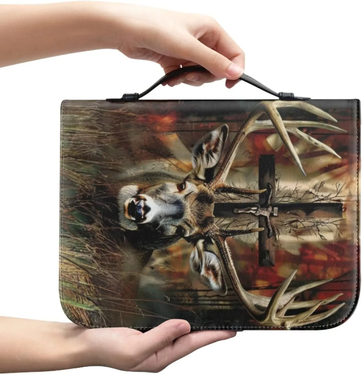 Gothic Style Deer and Cross Bible Case for Men Portable Handbag Bookmark with Handle and Smooth Zipper for Bible Study Commuter Pray Activity Business Briefcase Bible Bag for Friends