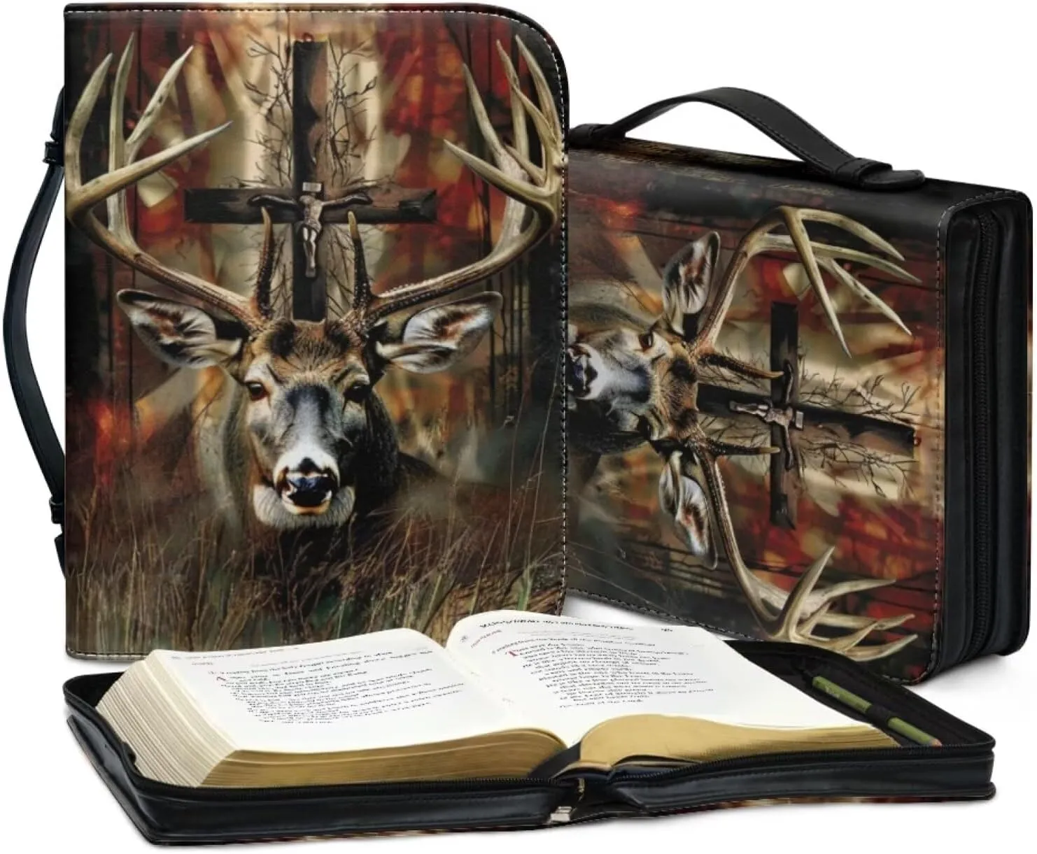 Gothic Style Deer and Cross Bible Case for Men Portable Handbag Bookmark with Handle and Smooth Zipper for Bible Study Commuter Pray Activity Business Briefcase Bible Bag for Friends