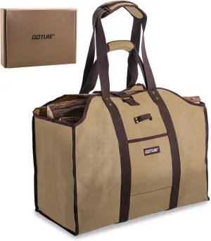 Goture 20oz Waxed Canvas 23.8×11.8×19.6 inch Firewood Carrier Bag, Waterproof Large Firewood Bag with Dual-Handles, Sealed Side, Side Pocket, and Axe Ring for Camping Indoors