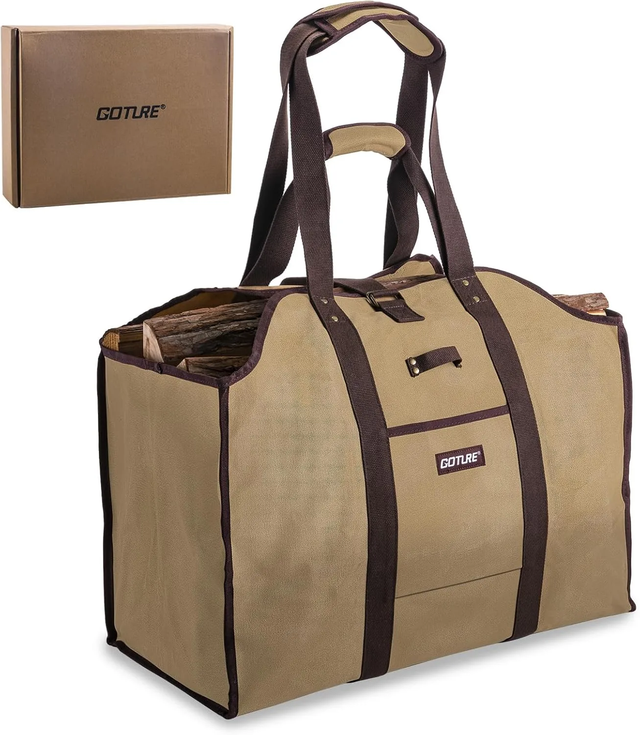 Goture 20oz Waxed Canvas 23.8×11.8×19.6 inch Firewood Carrier Bag, Waterproof Large Firewood Bag with Dual-Handles, Sealed Side, Side Pocket, and Axe Ring for Camping Indoors