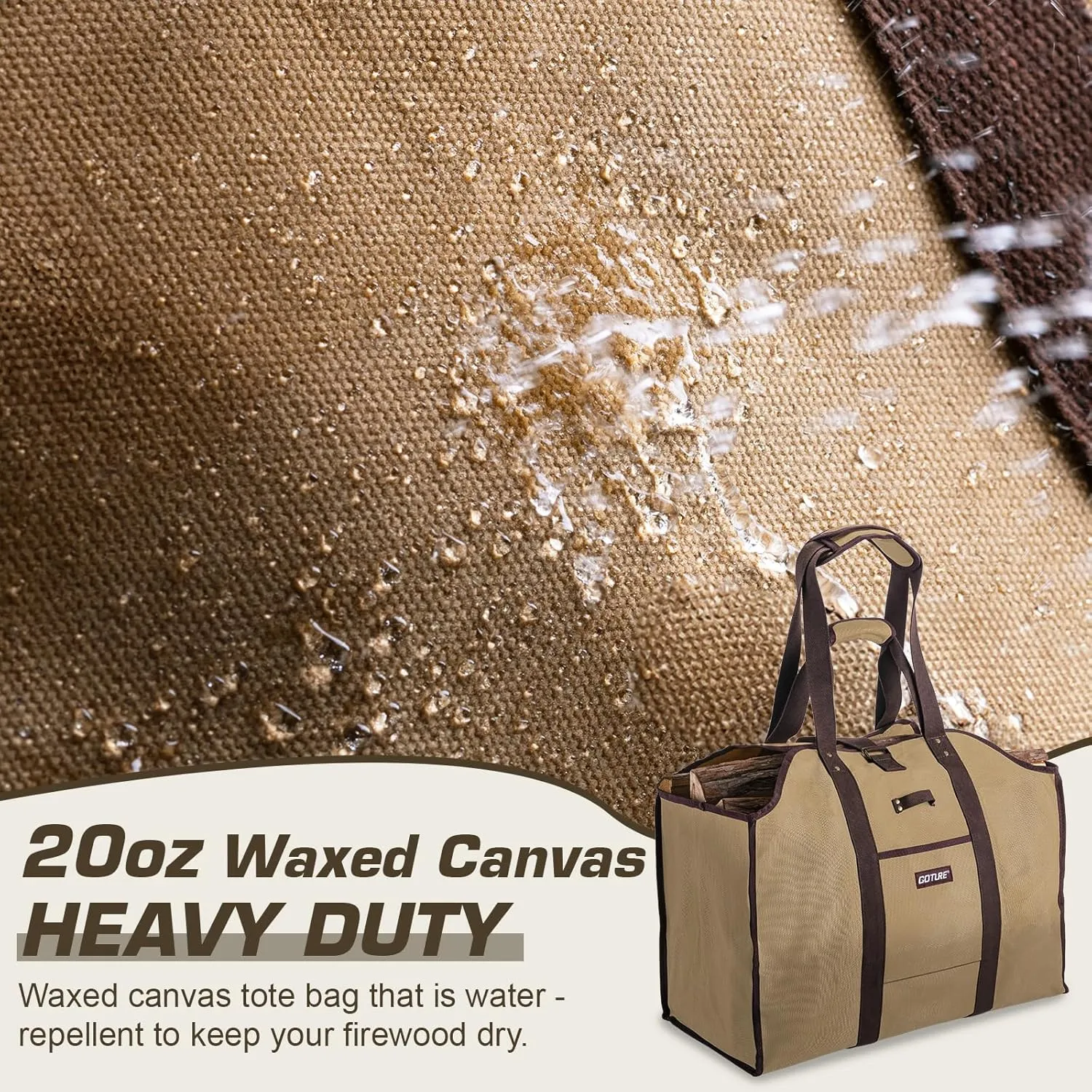 Goture 20oz Waxed Canvas 23.8×11.8×19.6 inch Firewood Carrier Bag, Waterproof Large Firewood Bag with Dual-Handles, Sealed Side, Side Pocket, and Axe Ring for Camping Indoors