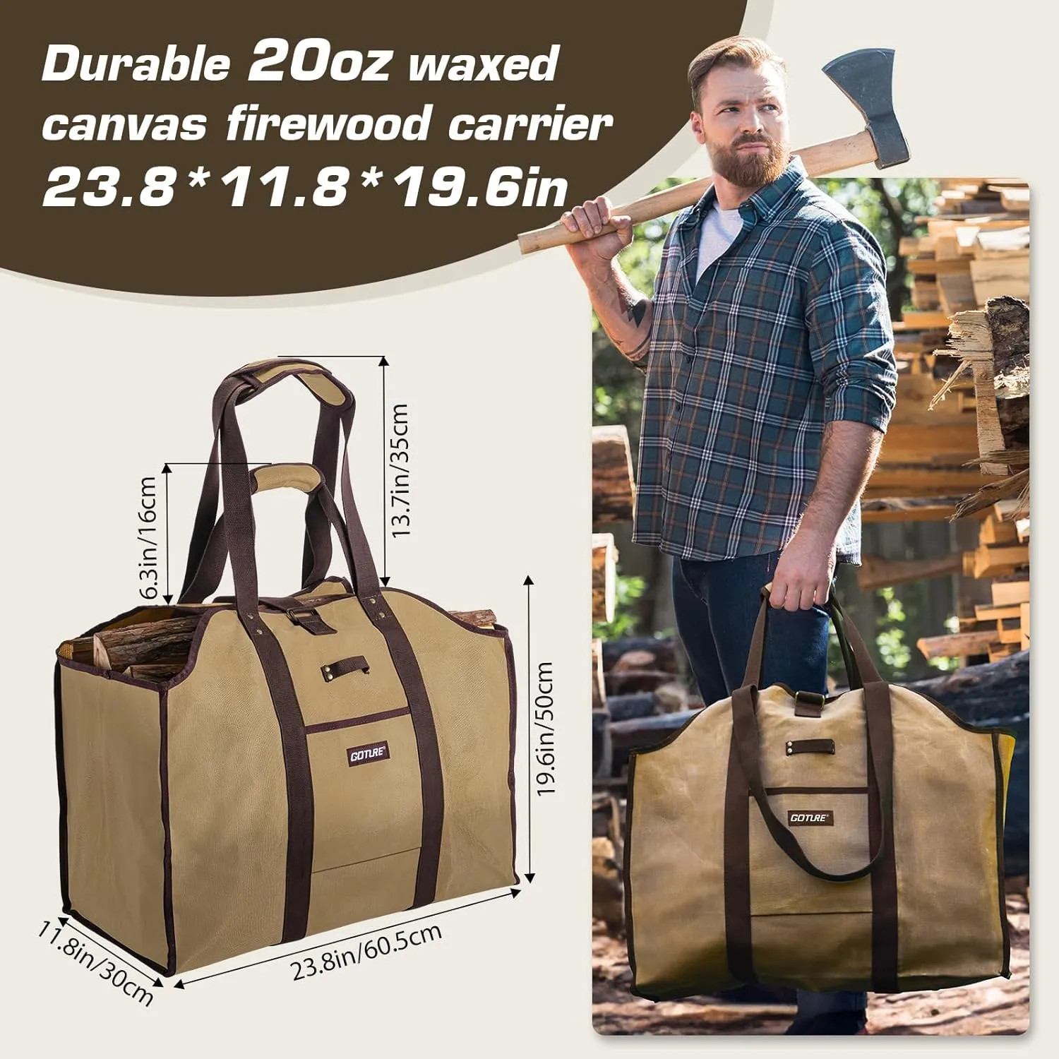 Goture 20oz Waxed Canvas 23.8×11.8×19.6 inch Firewood Carrier Bag, Waterproof Large Firewood Bag with Dual-Handles, Sealed Side, Side Pocket, and Axe Ring for Camping Indoors