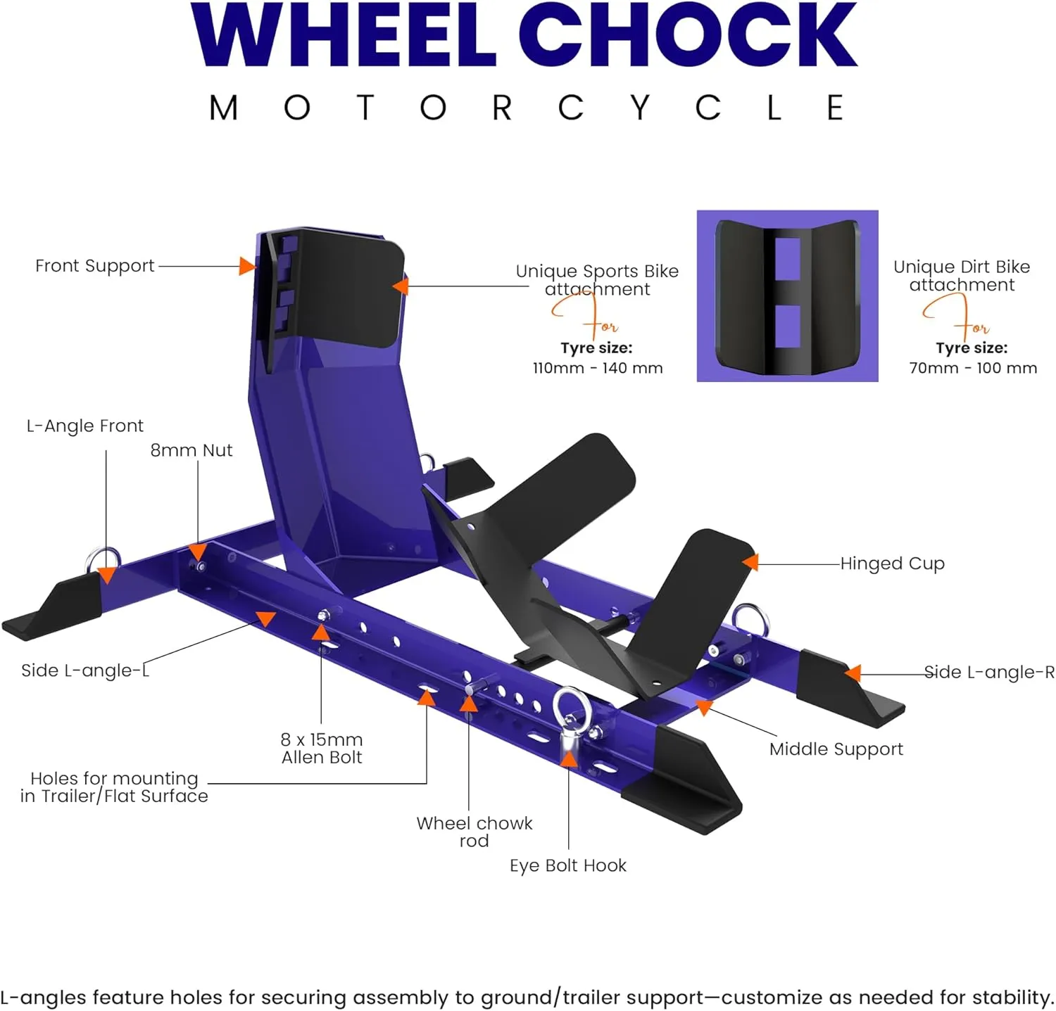 GRAND PITSTOP Universal Wheel Chock for Crusier, Sports & Dirt Bikes, Heavy Duty 4000 lbs load capacity Motorcycle Stand for Trailer Completely Adjustable Detachable Foldable Wheel Chock Blue
