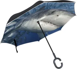 Great White Shark Reverse Inverted Inside Out Umbrella Cars Unigue Windproof UV Proof Double Layer for Women