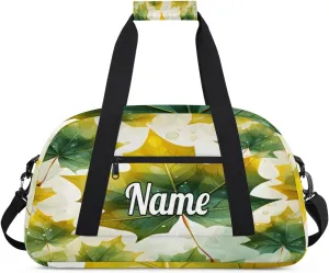 Green Maple Leaves Custom Sports Gym Bag Personalized Dance Bag Teens Travel Weekender Overnight Carry On Bag Boys Girls Waterproof
