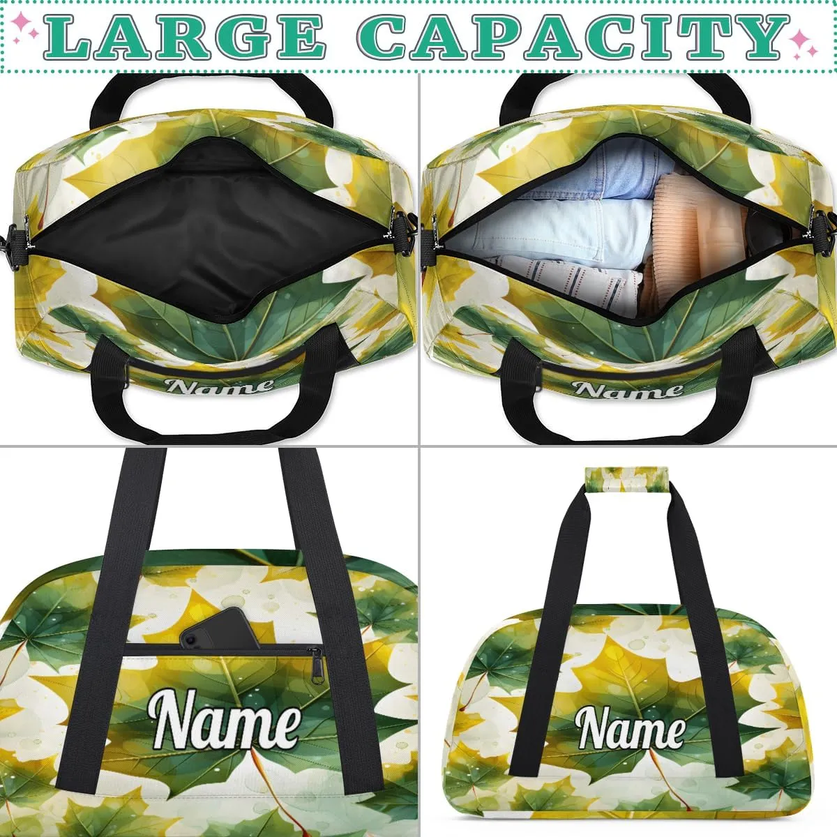 Green Maple Leaves Custom Sports Gym Bag Personalized Dance Bag Teens Travel Weekender Overnight Carry On Bag Boys Girls Waterproof