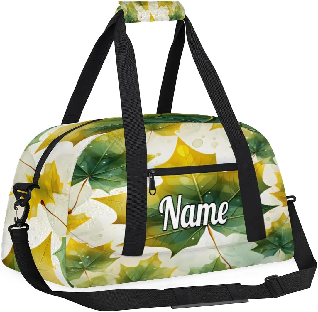 Green Maple Leaves Custom Sports Gym Bag Personalized Dance Bag Teens Travel Weekender Overnight Carry On Bag Boys Girls Waterproof
