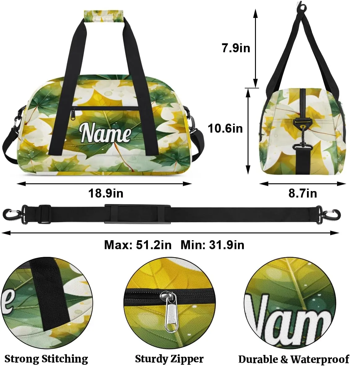 Green Maple Leaves Custom Sports Gym Bag Personalized Dance Bag Teens Travel Weekender Overnight Carry On Bag Boys Girls Waterproof