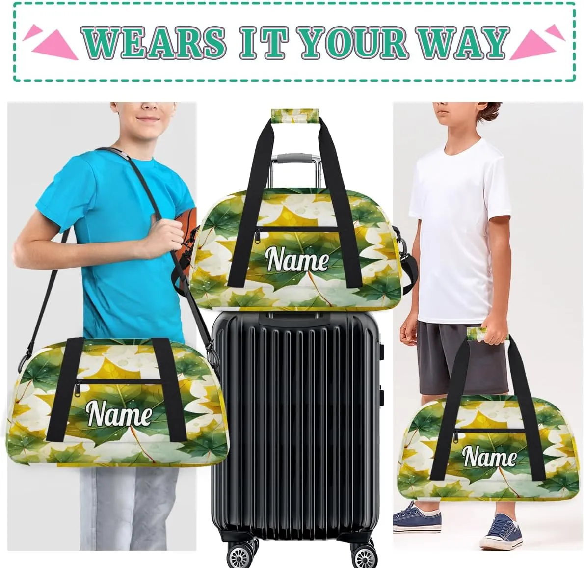 Green Maple Leaves Custom Sports Gym Bag Personalized Dance Bag Teens Travel Weekender Overnight Carry On Bag Boys Girls Waterproof