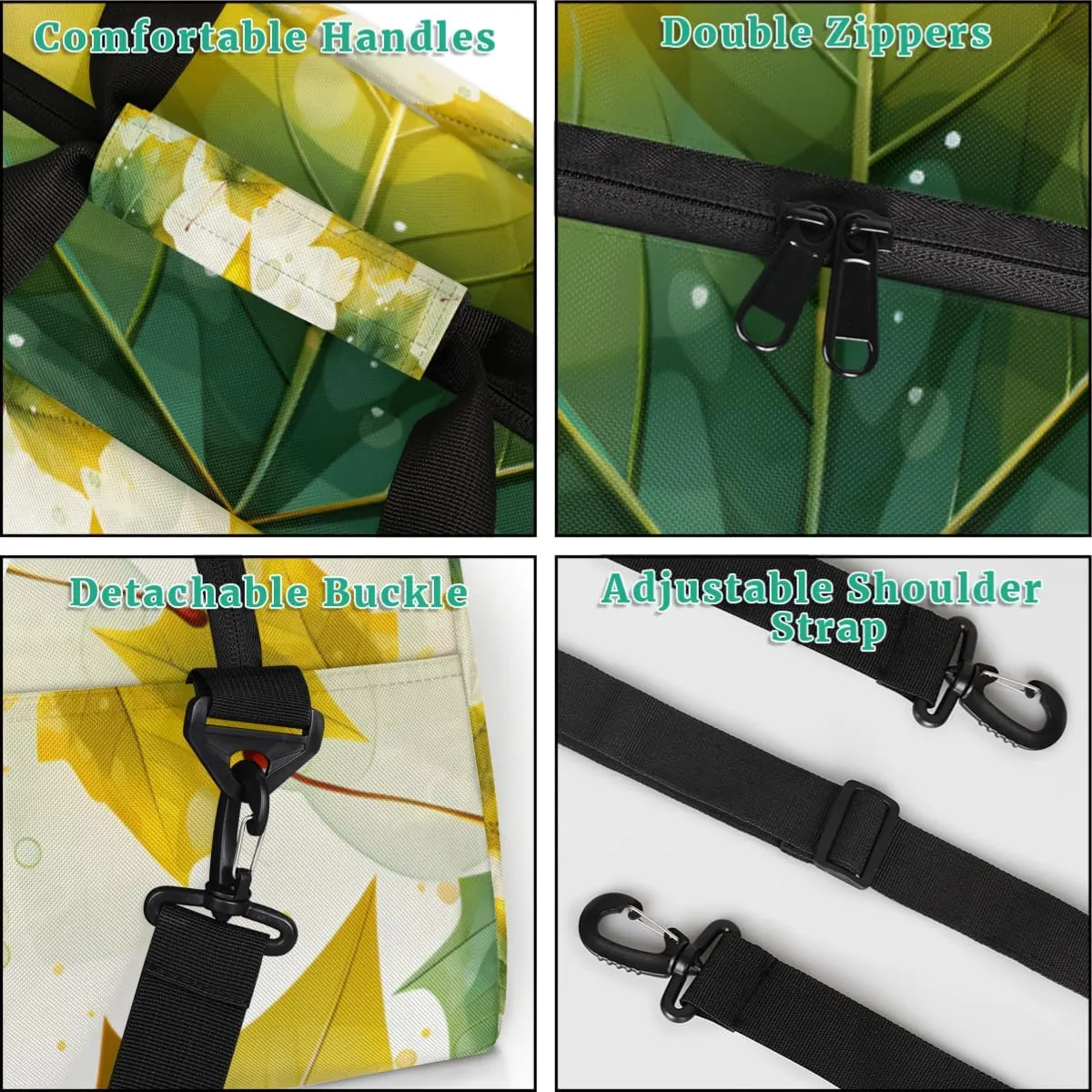 Green Maple Leaves Custom Sports Gym Bag Personalized Dance Bag Teens Travel Weekender Overnight Carry On Bag Boys Girls Waterproof