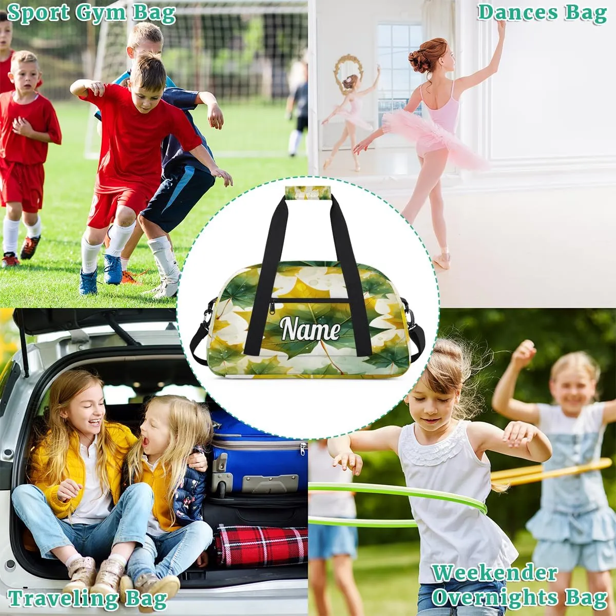 Green Maple Leaves Custom Sports Gym Bag Personalized Dance Bag Teens Travel Weekender Overnight Carry On Bag Boys Girls Waterproof