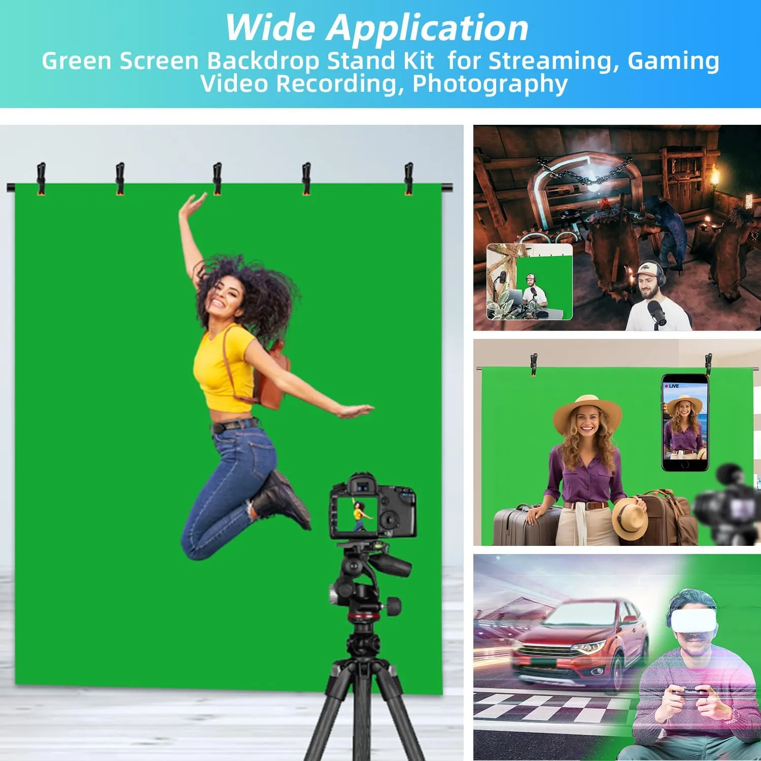 Green Screen Backdrop Kit with Stand, 5X6.5ft Portable Green Screen Backdrop with Stand kit, GreenScreen Background with Stand Carrying Bag Clamp for Streaming Video Zoom
