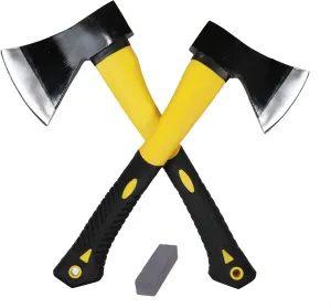 Greendale - Set of 2 Hatchet/Axes   Sharpening Stone & Blade Sheathes - Forged Steel Head, Durable Fiberglass Handle with Shock Absorbing Rubber Grip. Ideal for Camping, Chopping & Splitting Wood.