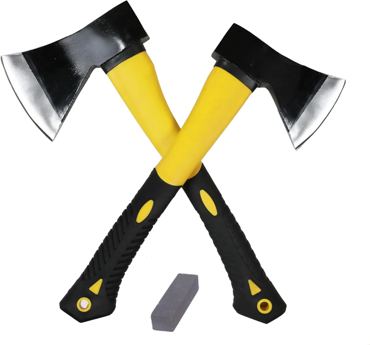 Greendale - Set of 2 Hatchet/Axes   Sharpening Stone & Blade Sheathes - Forged Steel Head, Durable Fiberglass Handle with Shock Absorbing Rubber Grip. Ideal for Camping, Chopping & Splitting Wood.